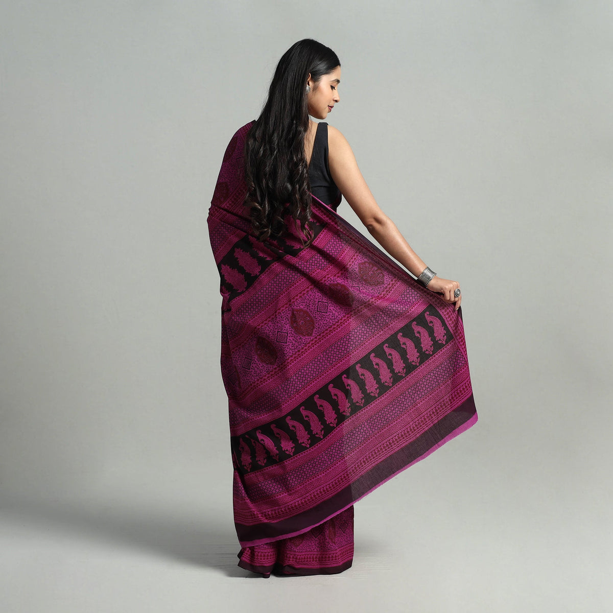 Pink Hand Block Printed Natural Dyed Cotton Bagh Saree