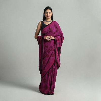 Pink Hand Block Printed Natural Dyed Cotton Bagh Saree