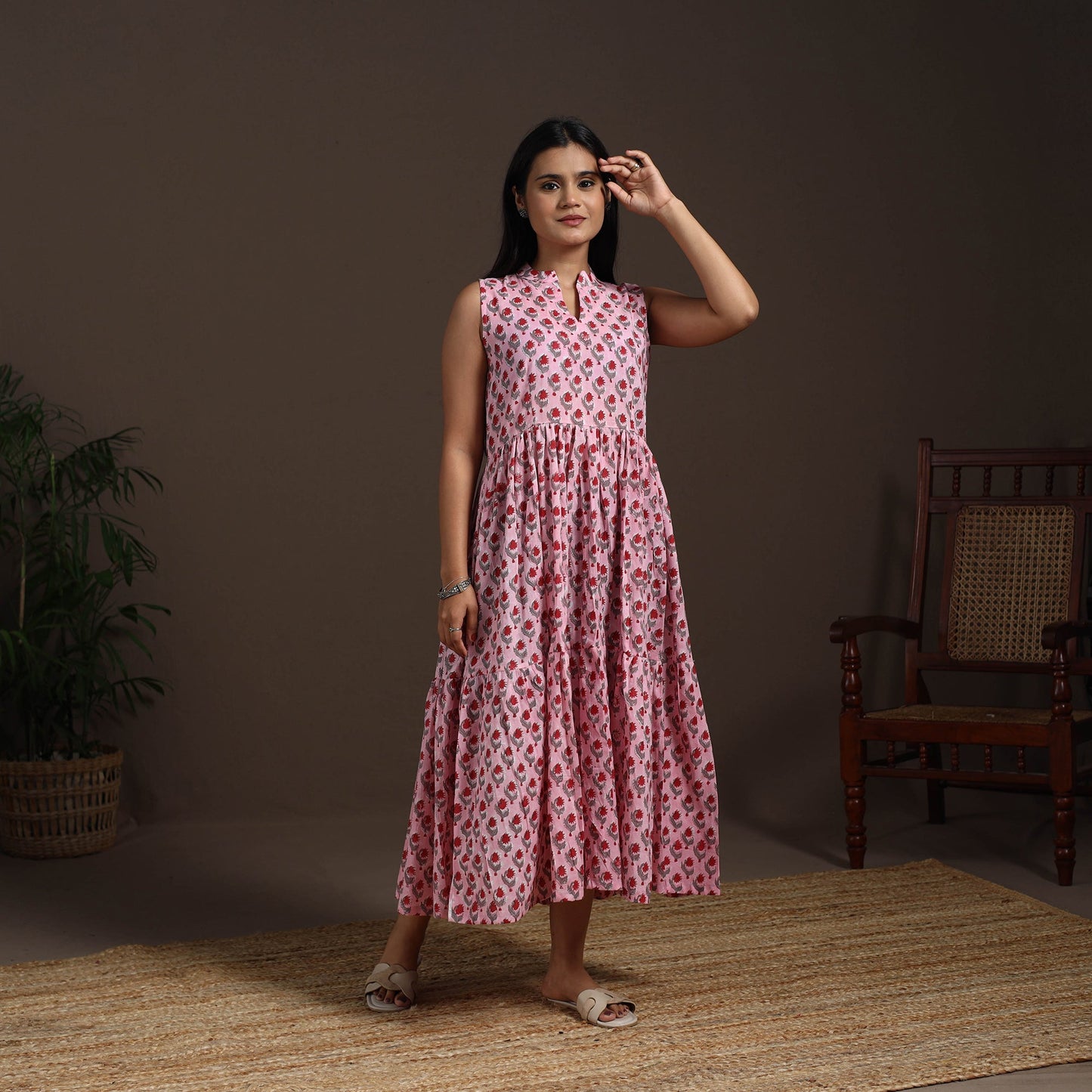 Pink - hand tiered sanganeri dress 06 - handcrafted