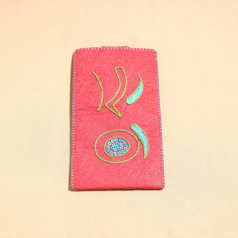 Pink Handcrafted Embroidered Felt Mobile Pouch 