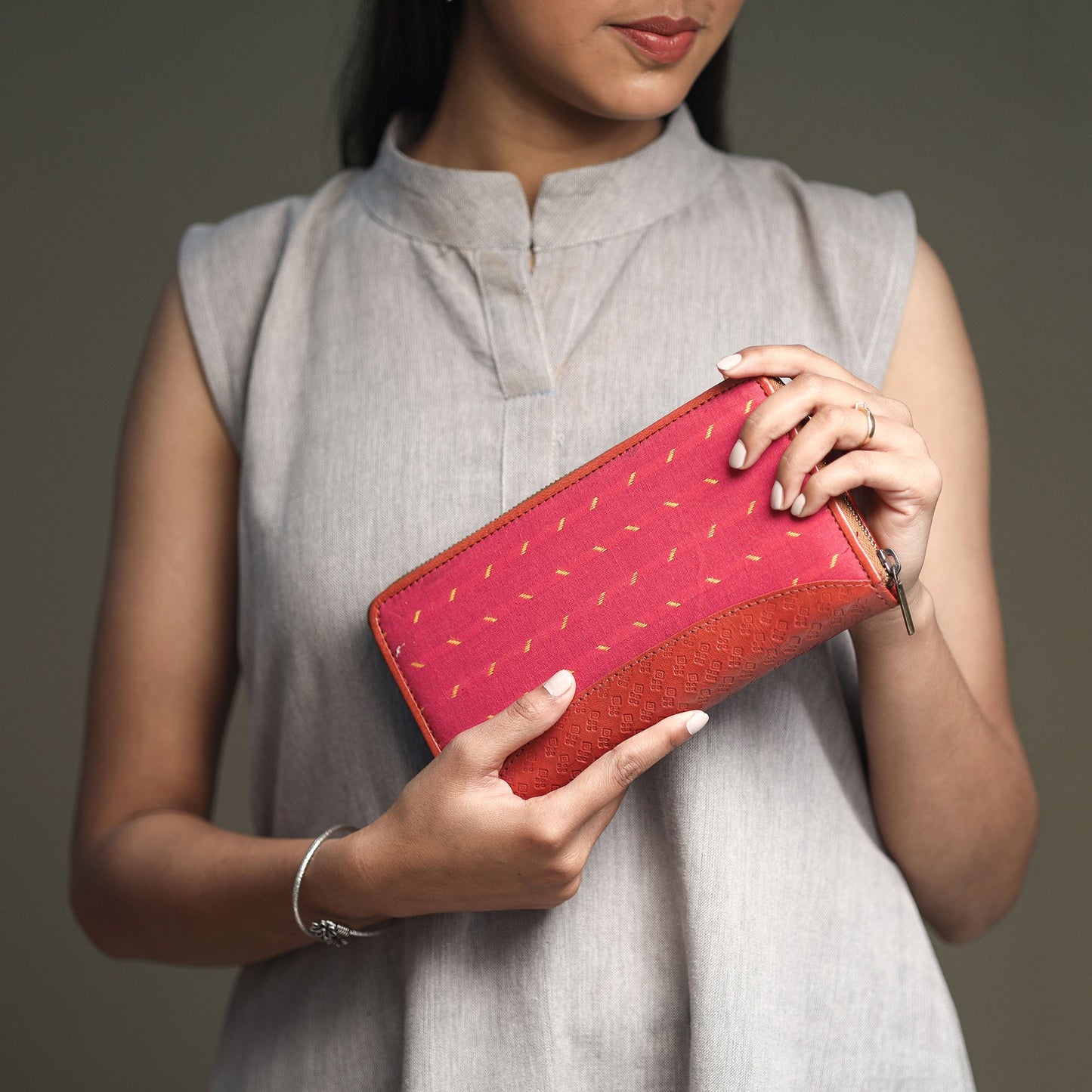Pink Handcrafted Jacquard Weave Leather Wallet