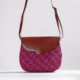  Handcrafted Kantha Embroidery Cotton & Embossed Leather Sling Bag 