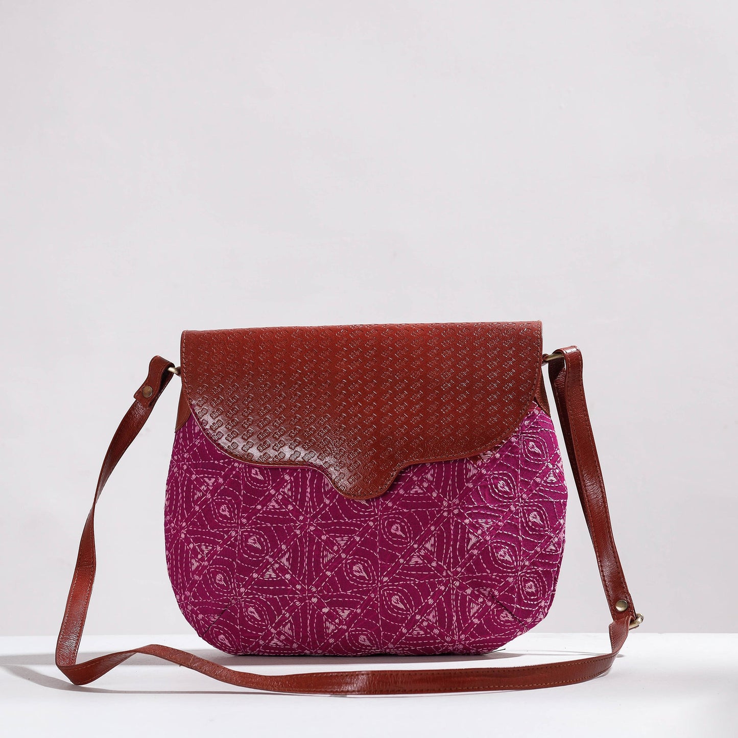  Handcrafted Kantha Embroidery Cotton & Embossed Leather Sling Bag 