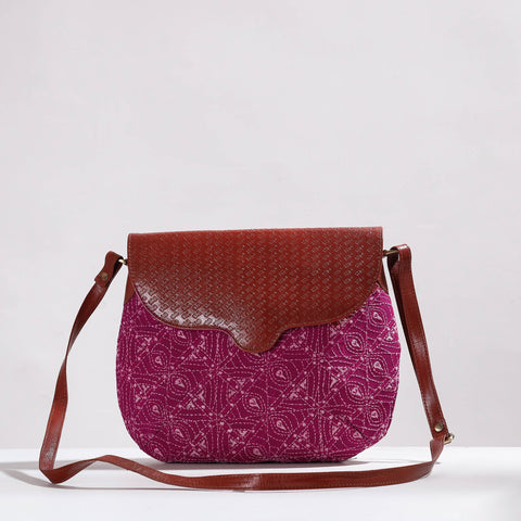  Handcrafted Kantha Embroidery Cotton & Embossed Leather Sling Bag 