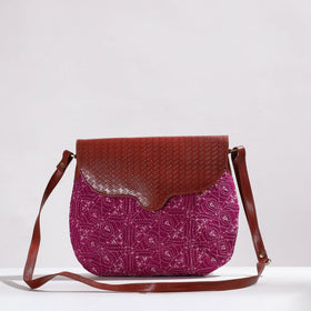  Handcrafted Kantha Embroidery Cotton & Embossed Leather Sling Bag 