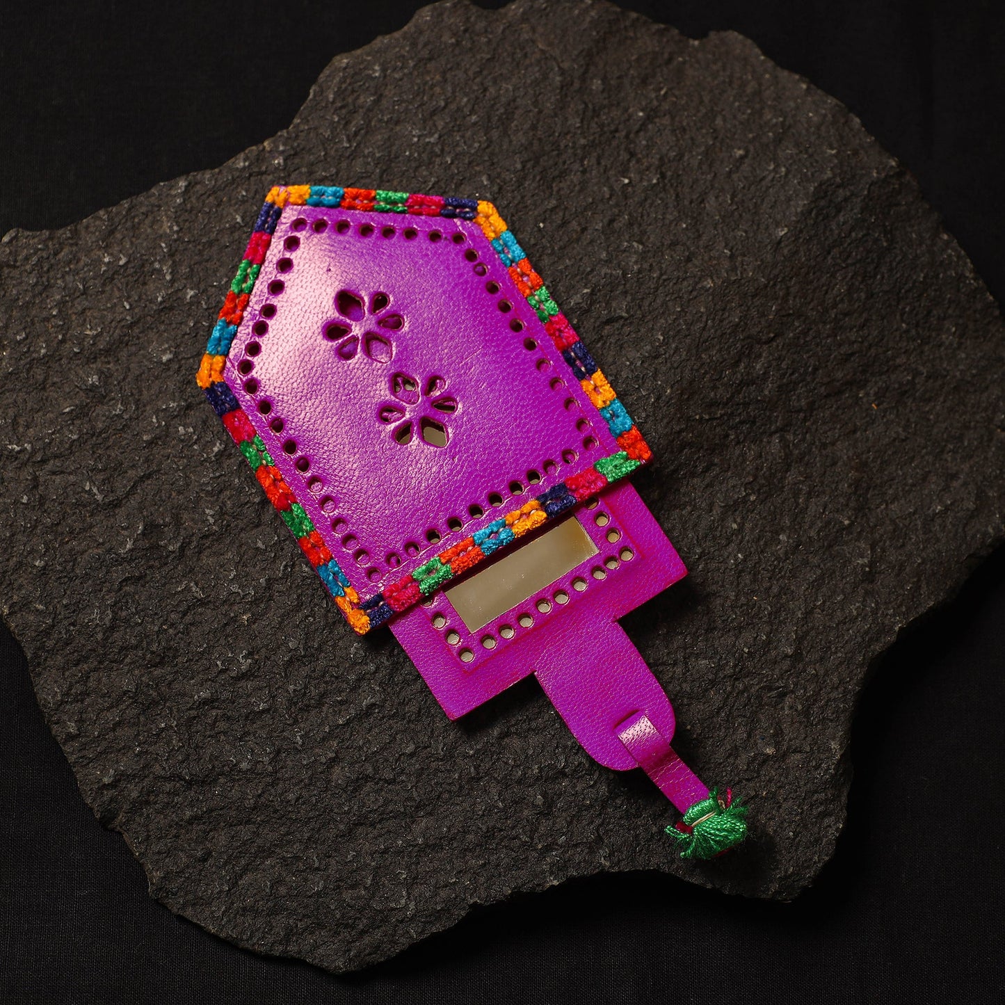 Pink Handcrafted Kutch Cutwork Leather Hand Mirror with Pouch