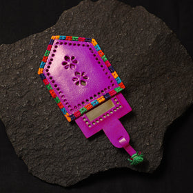 Pink Handcrafted Kutch Cutwork Leather Hand Mirror with Pouch