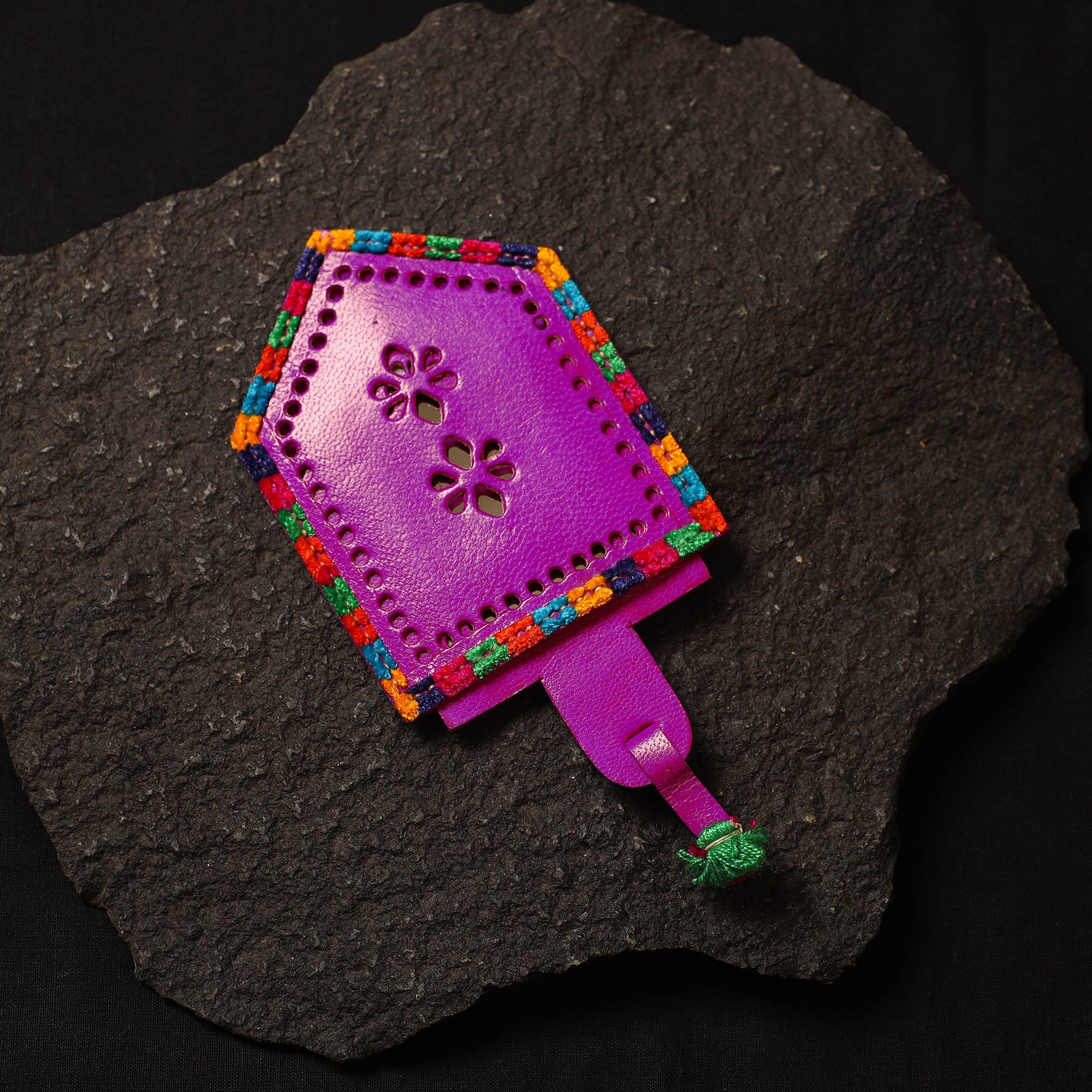 Pink Handcrafted Kutch Cutwork Leather Hand Mirror with Pouch