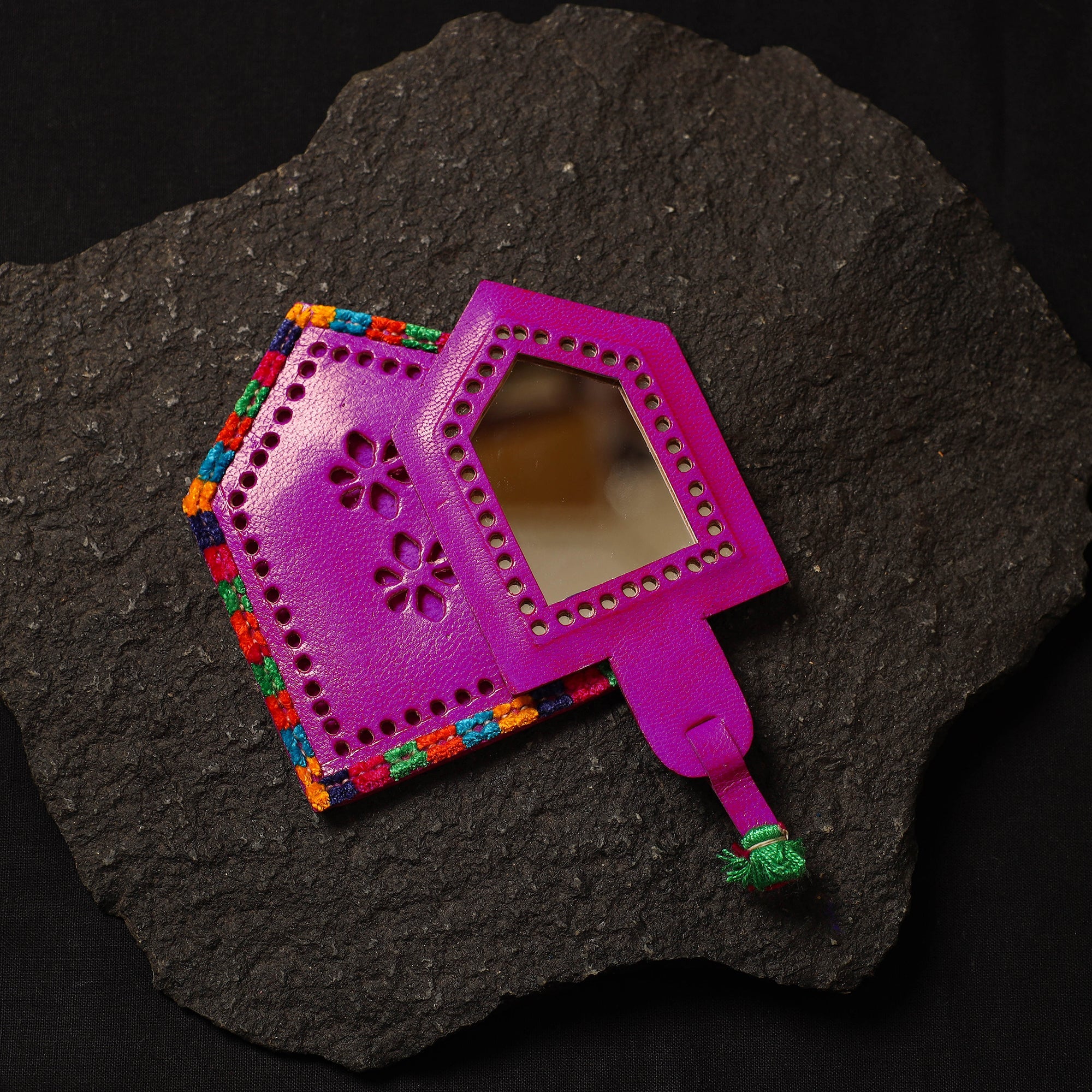 Pink Handcrafted Kutch Cutwork Leather Hand Mirror with Pouch