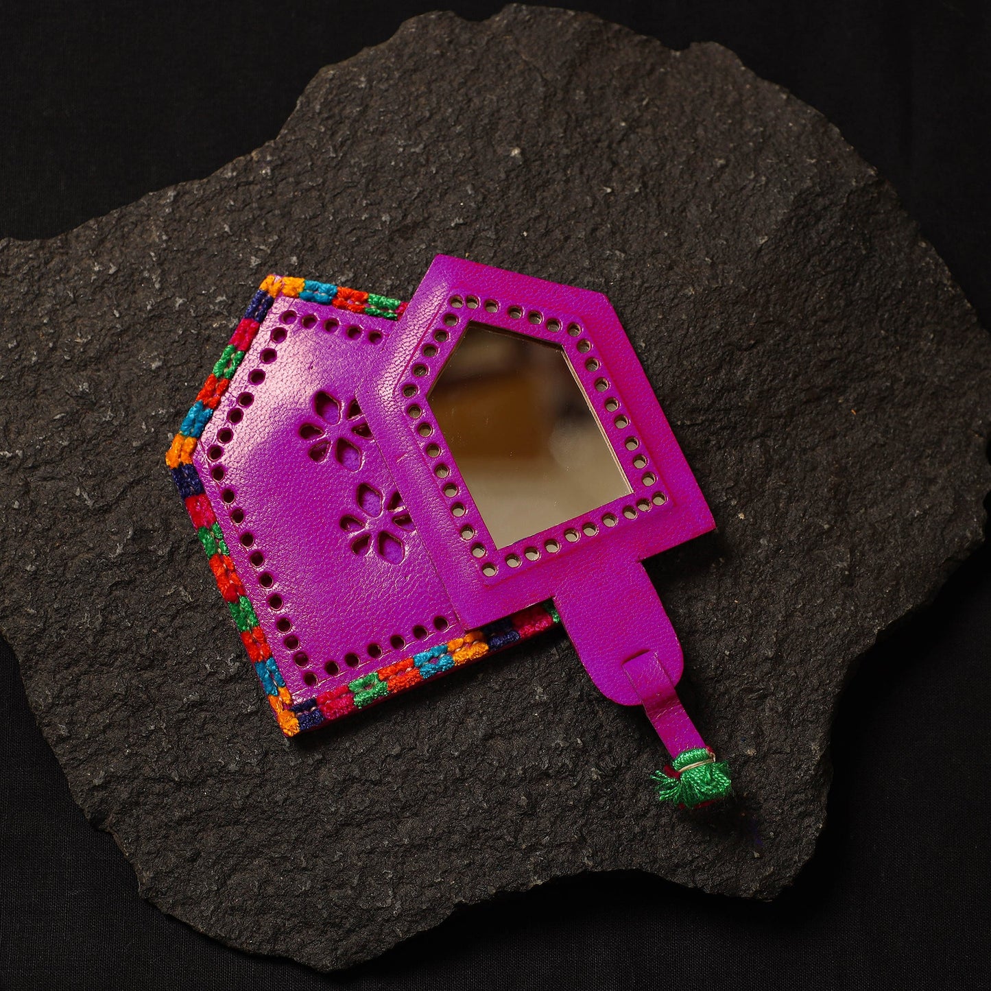 Pink Handcrafted Kutch Cutwork Leather Hand Mirror with Pouch