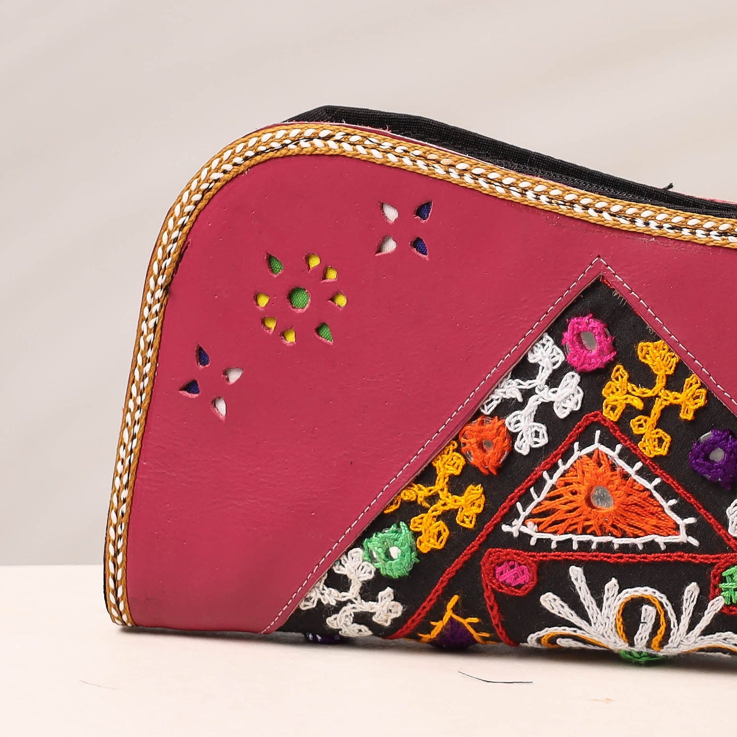 Pink Handcrafted Kutch Embroidery Leather Clutch / Wallet