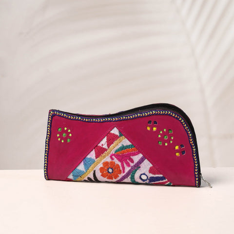 Pink Handcrafted Kutch Embroidery Leather Clutch / Wallet