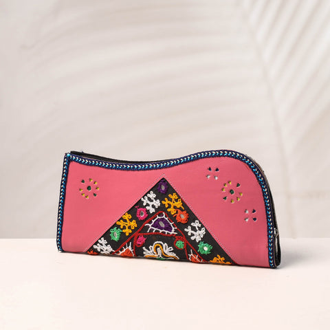 Pink Handcrafted Kutch Embroidery Leather Clutch / Wallet