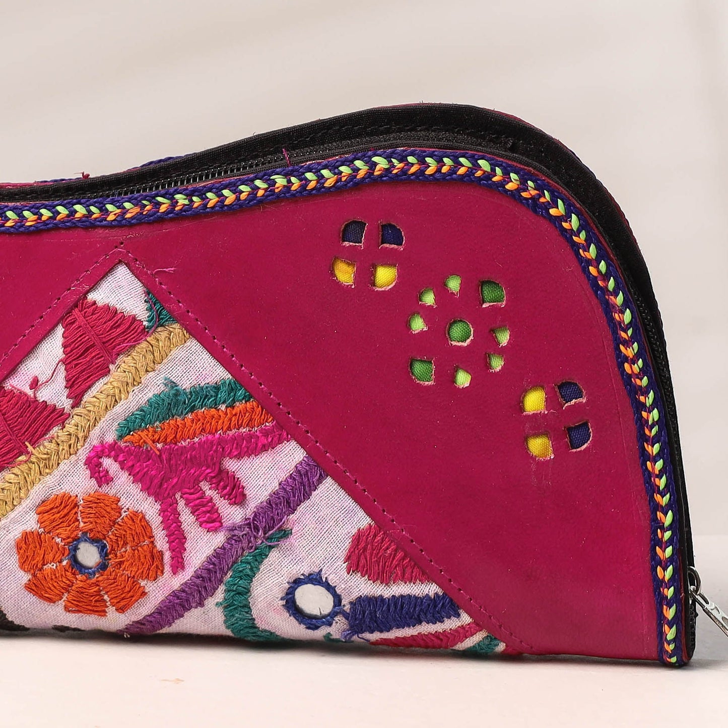 Pink Handcrafted Kutch Embroidery Leather Clutch / Wallet