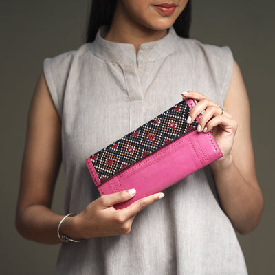 Pink Handcrafted Kutch Jat Embroidery Leather Wallet