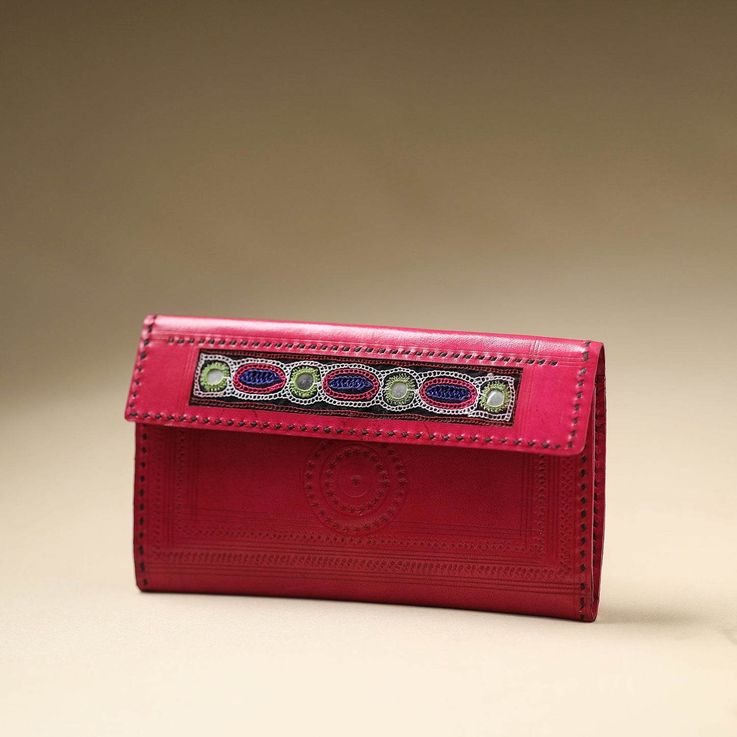 Pink Handcrafted Kutch Jat Embroidery Leather Wallet
