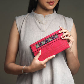 Pink Handcrafted Kutch Jat Embroidery Leather Wallet
