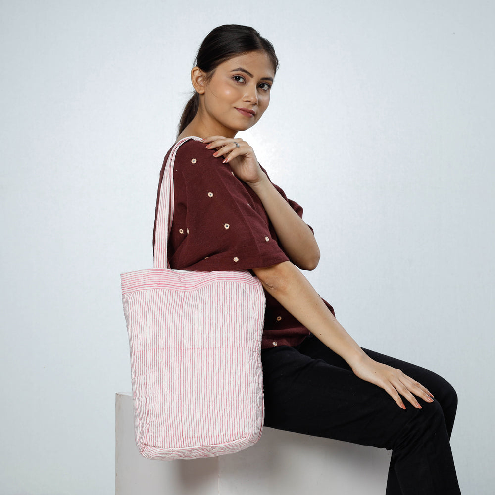 Pink - Handcrafted Quilted Bagru Block Printed Shoulder Bag