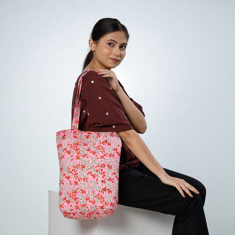 Pink Handcrafted Quilted Sanganeri Block Printed Shoulder Bag