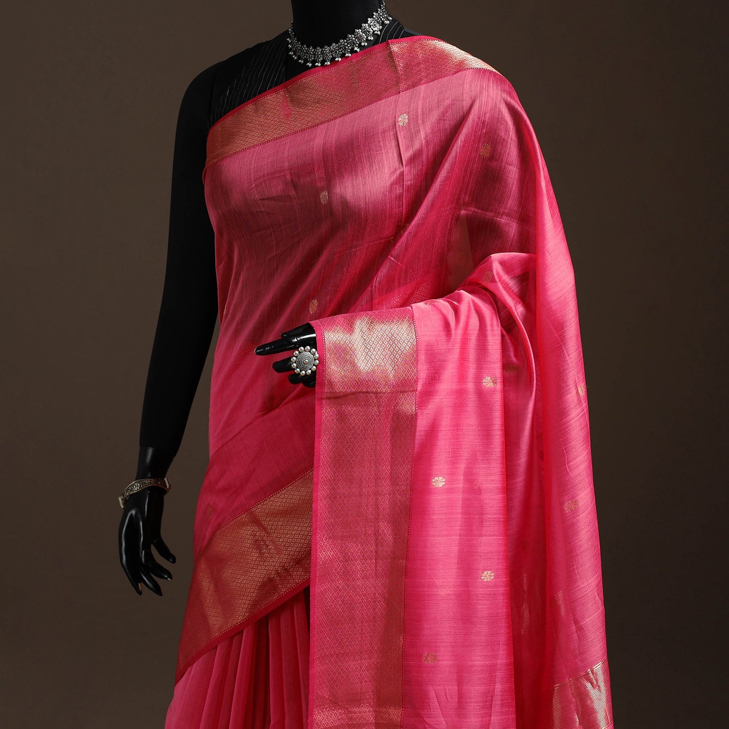 Pink - handloom buti maheshwari saree with zari border 44