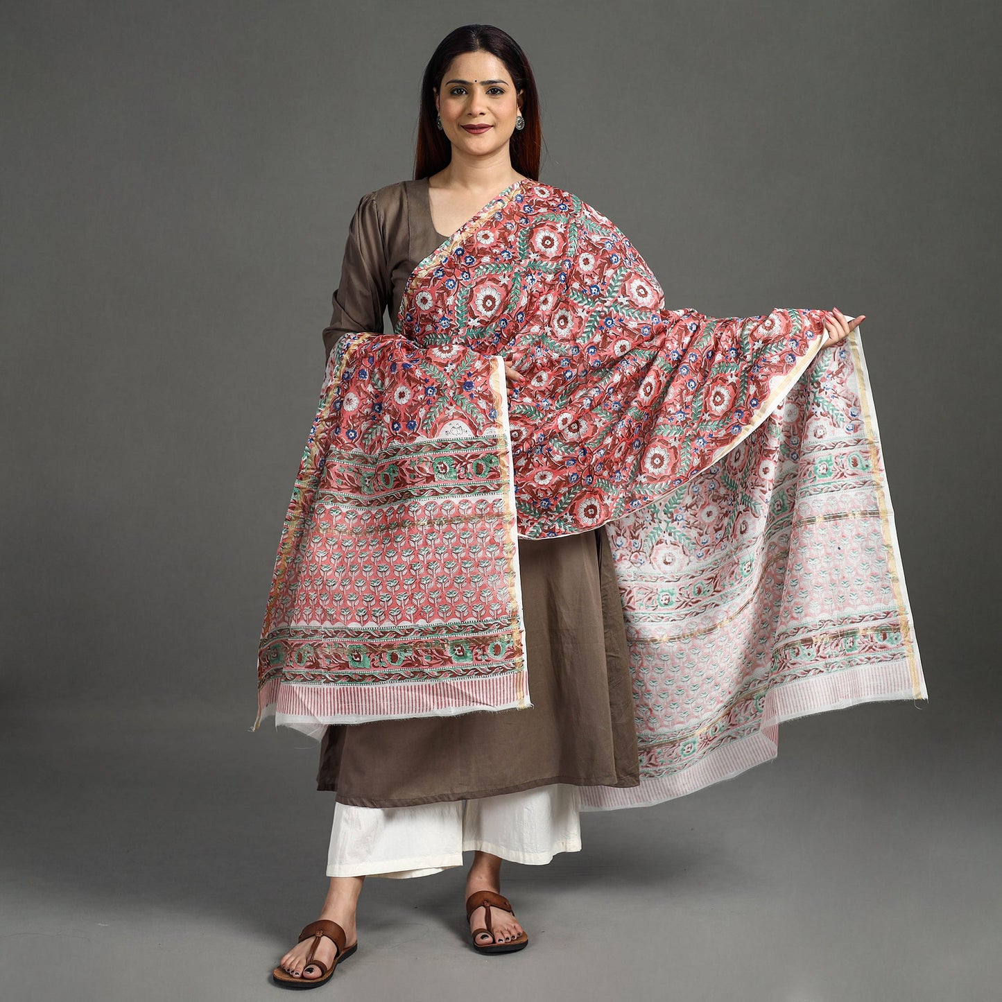 Buy Handloom Chanderi Silk Sanganeri Print Dupatta