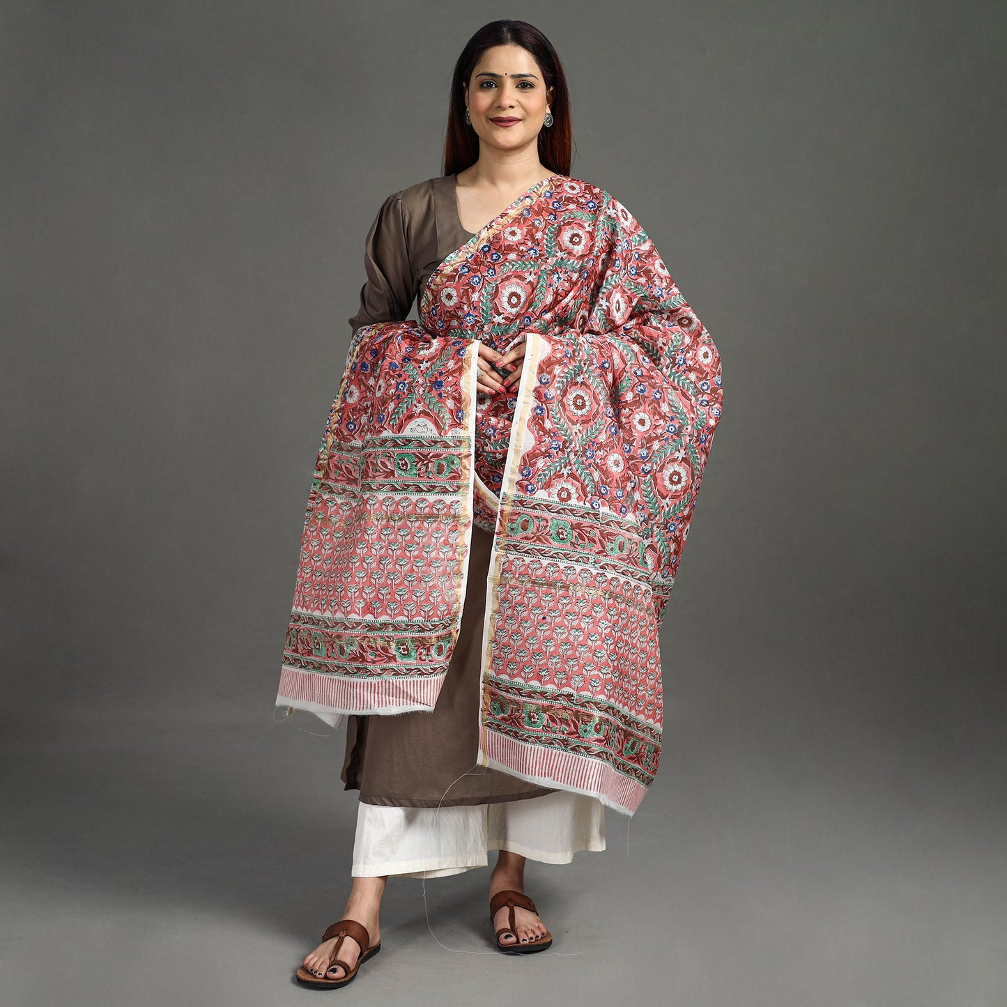 Buy Handloom Chanderi Silk Sanganeri Print Dupatta