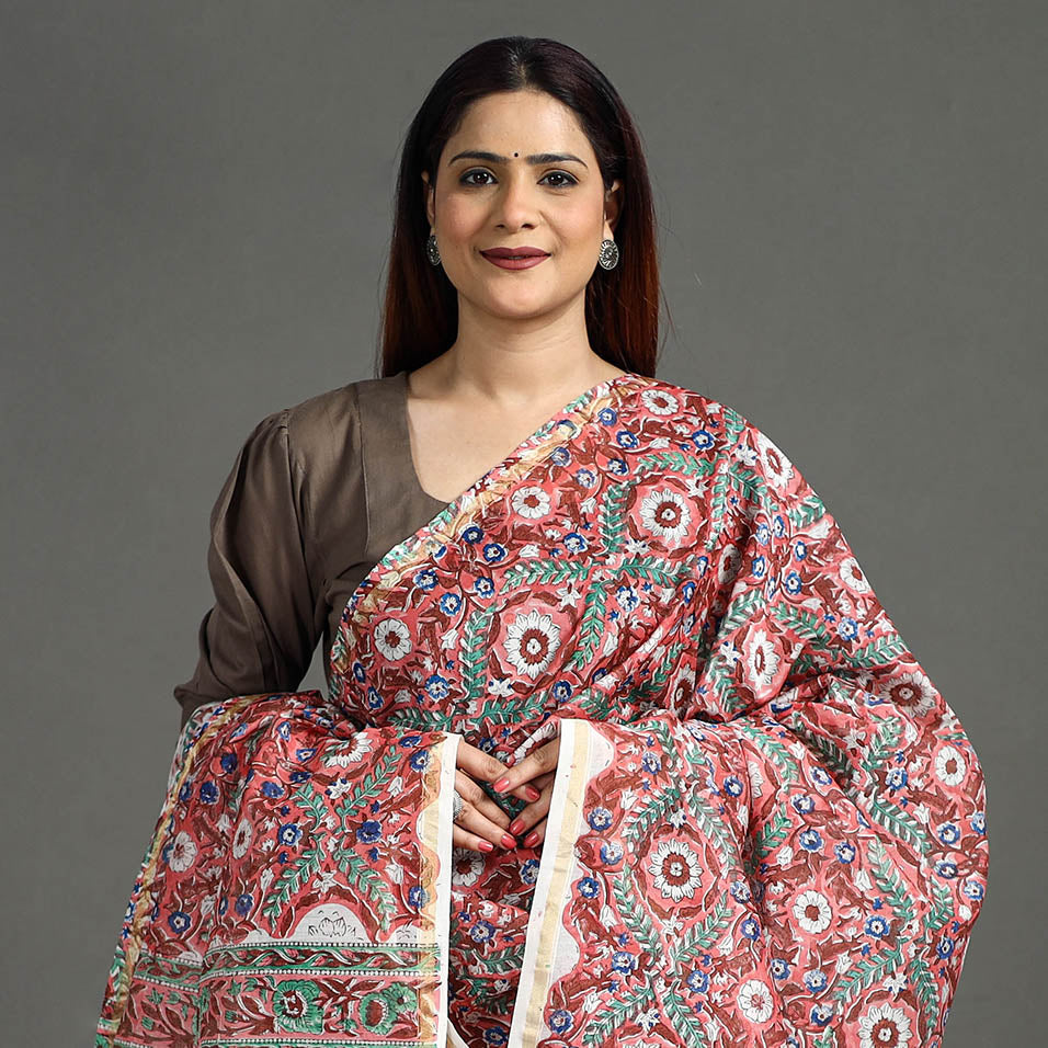 Buy Handloom Chanderi Silk Sanganeri Print Dupatta