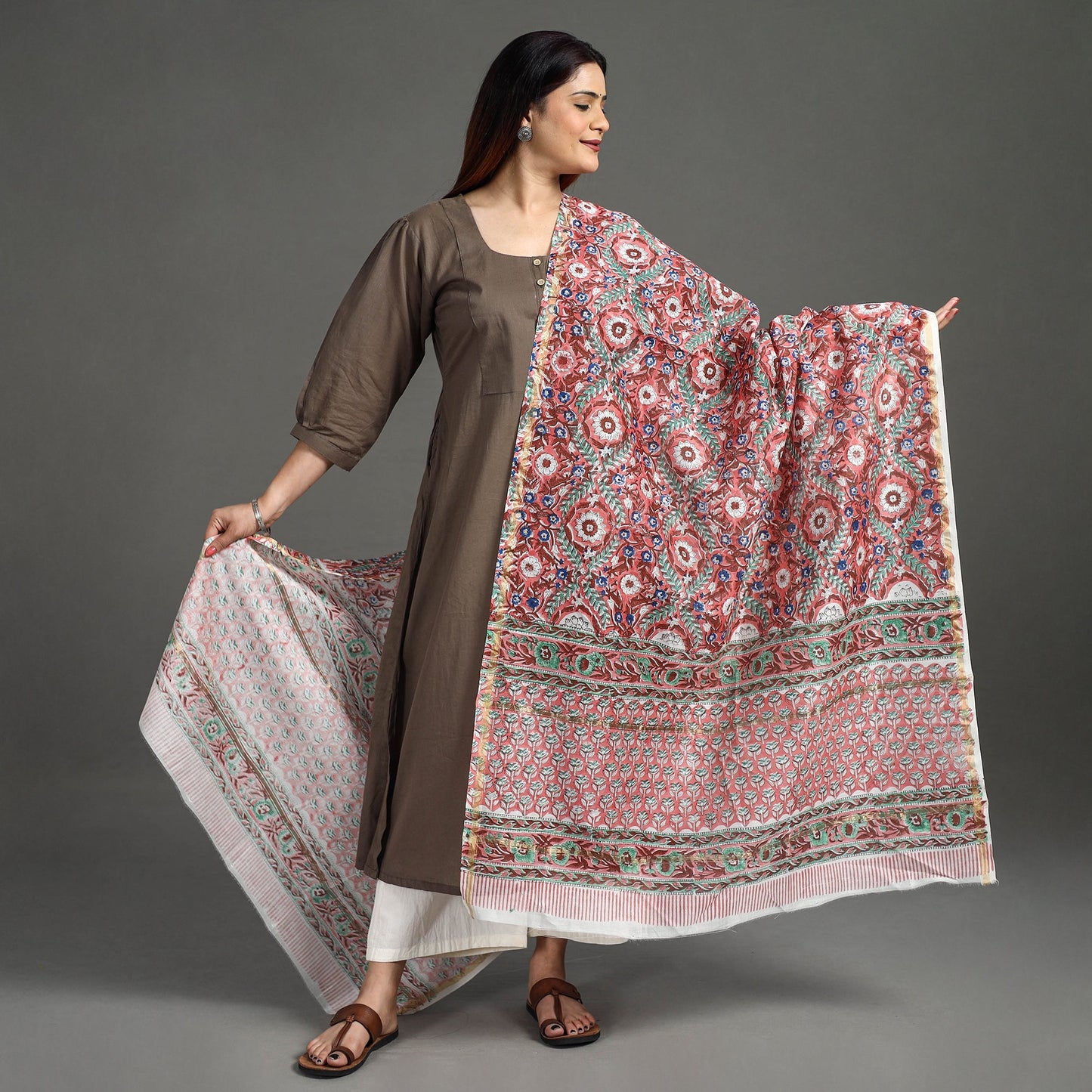 Buy Handloom Chanderi Silk Sanganeri Print Dupatta