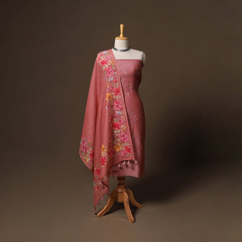 Handloom chanderi silk thread work 3pc unstitched dress