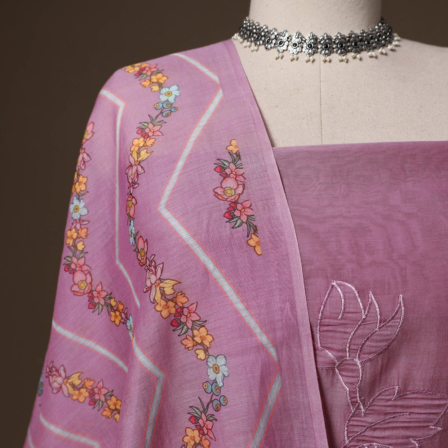 Handloom chanderi silk thread work 3pc unstitched dress