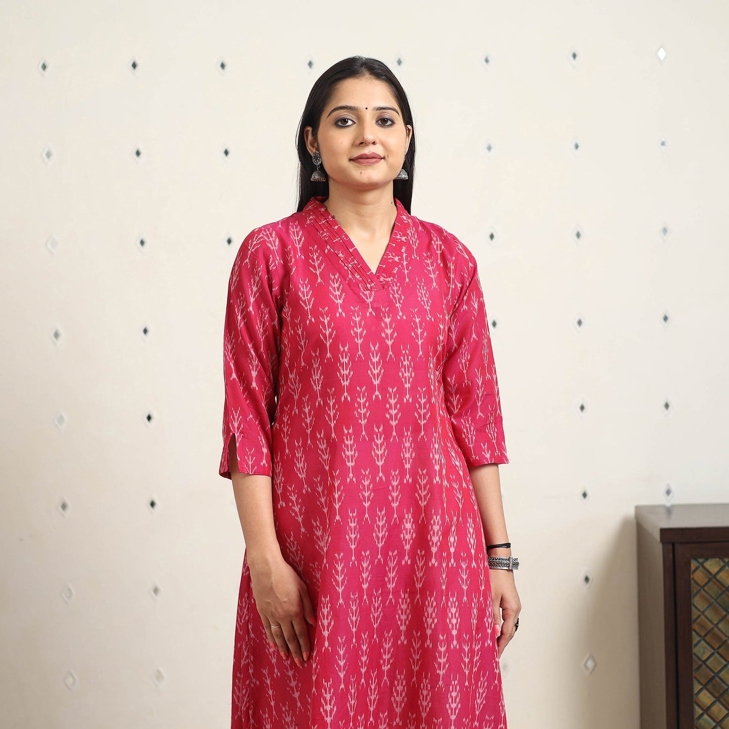 Pink Handloom Cotton A-Line Pochampally Ikat Kurta