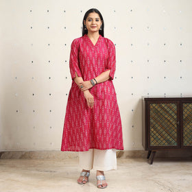 Pink Handloom Cotton A-Line Pochampally Ikat Kurta