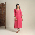 Handloom Cotton Mirror Work Pink Straight Mangalagiri Kurta for Women