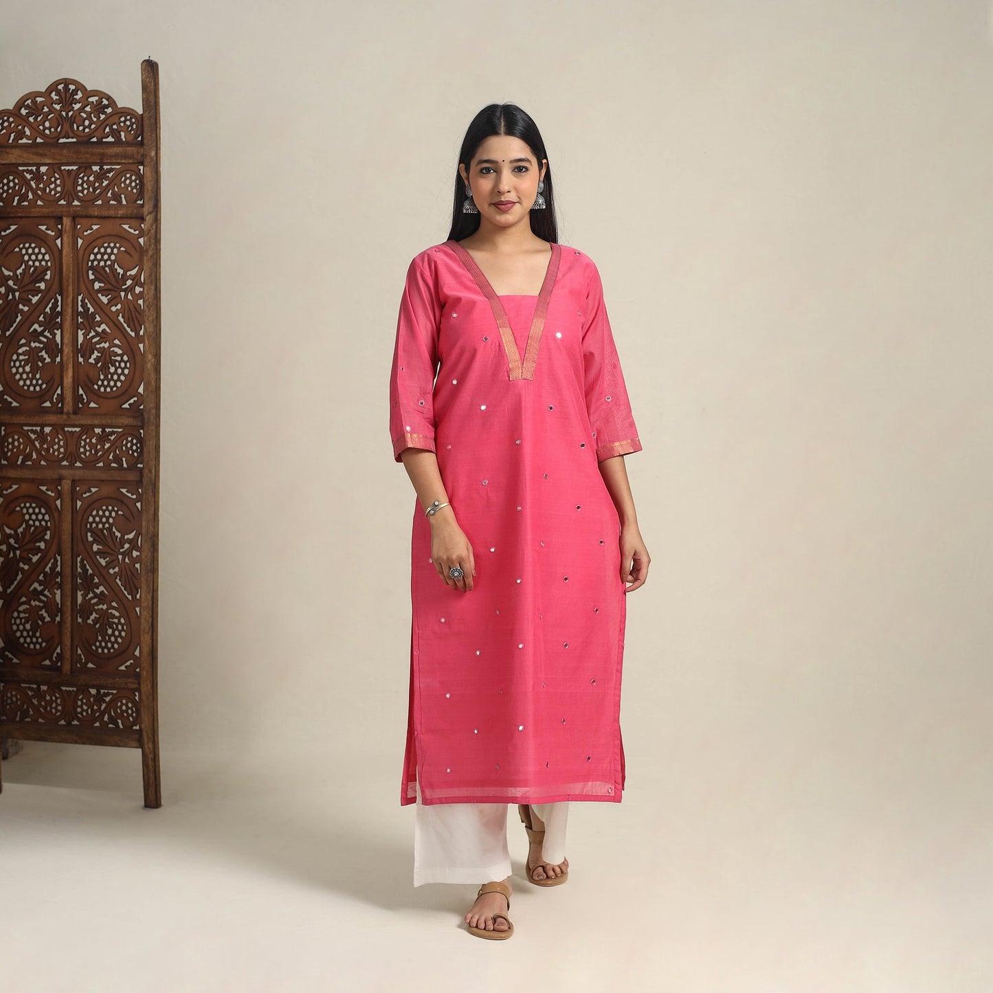 Handloom Cotton Mirror Work Pink Straight Mangalagiri Kurta for Women