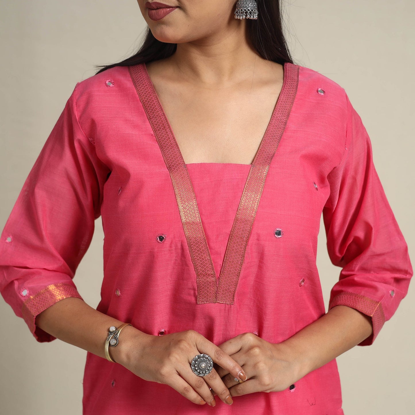 Handloom Cotton Mirror Work Pink Straight Mangalagiri Kurta for Women