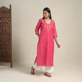 Handloom Cotton Mirror Work Pink Straight Mangalagiri Kurta for Women