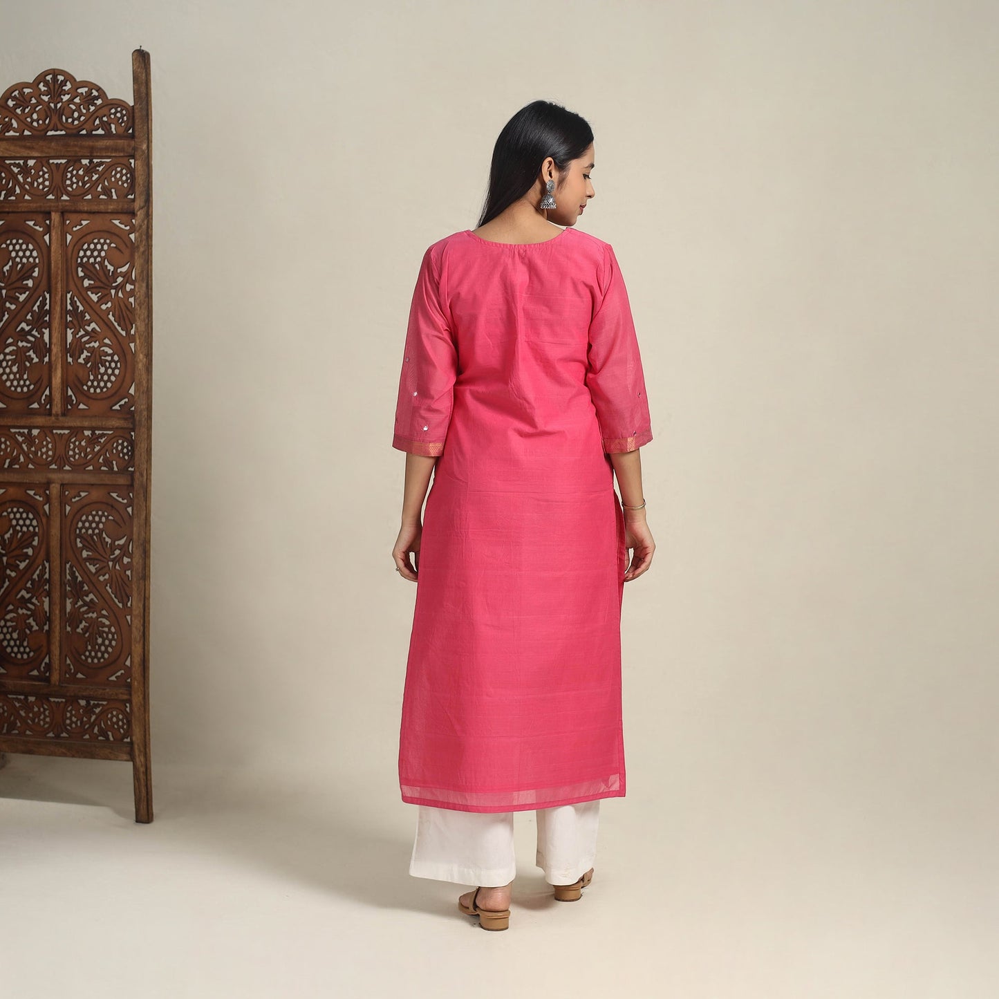 Handloom Cotton Mirror Work Pink Straight Mangalagiri Kurta for Women