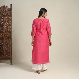 Handloom Cotton Mirror Work Pink Straight Mangalagiri Kurta for Women