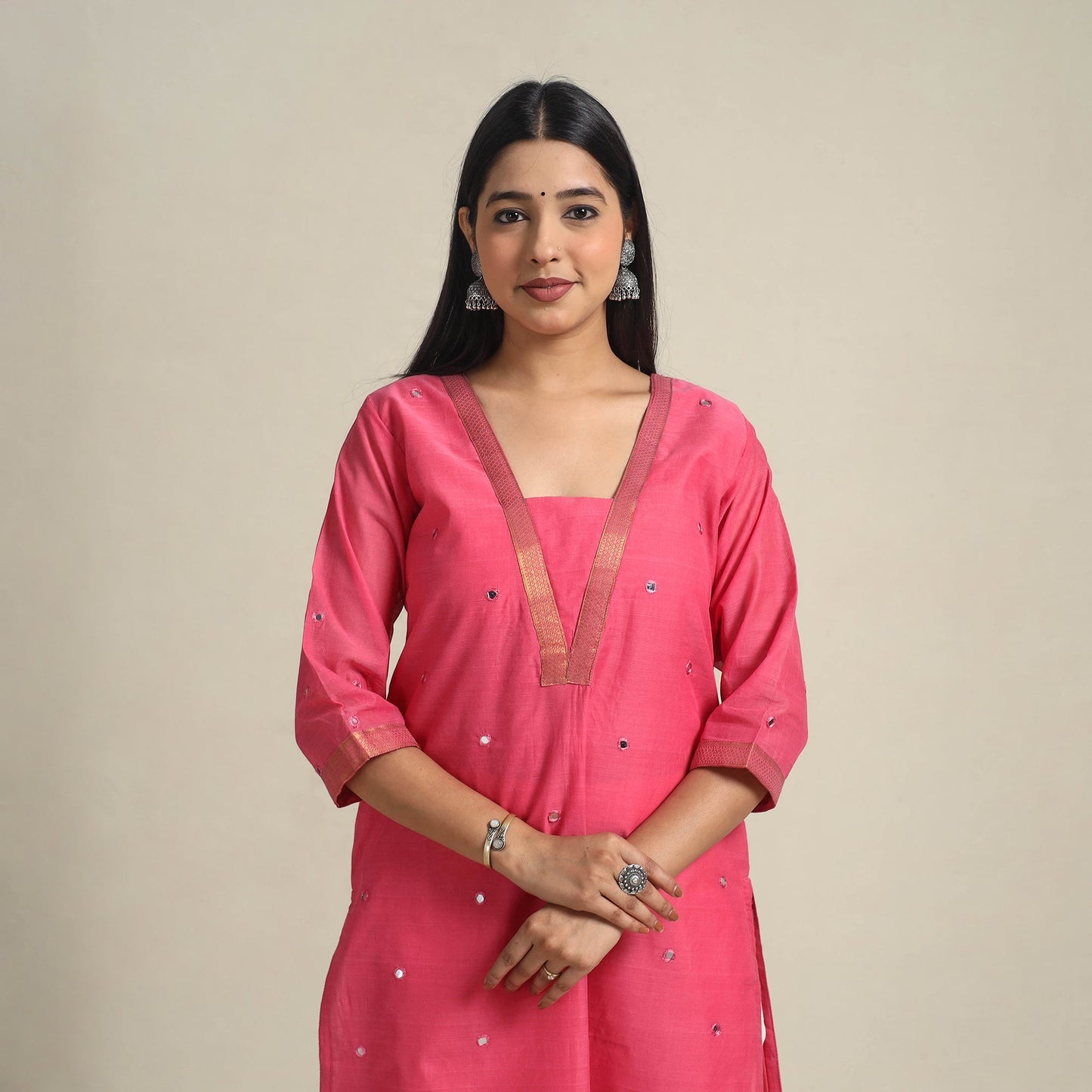 Handloom Cotton Mirror Work Pink Straight Mangalagiri Kurta for Women