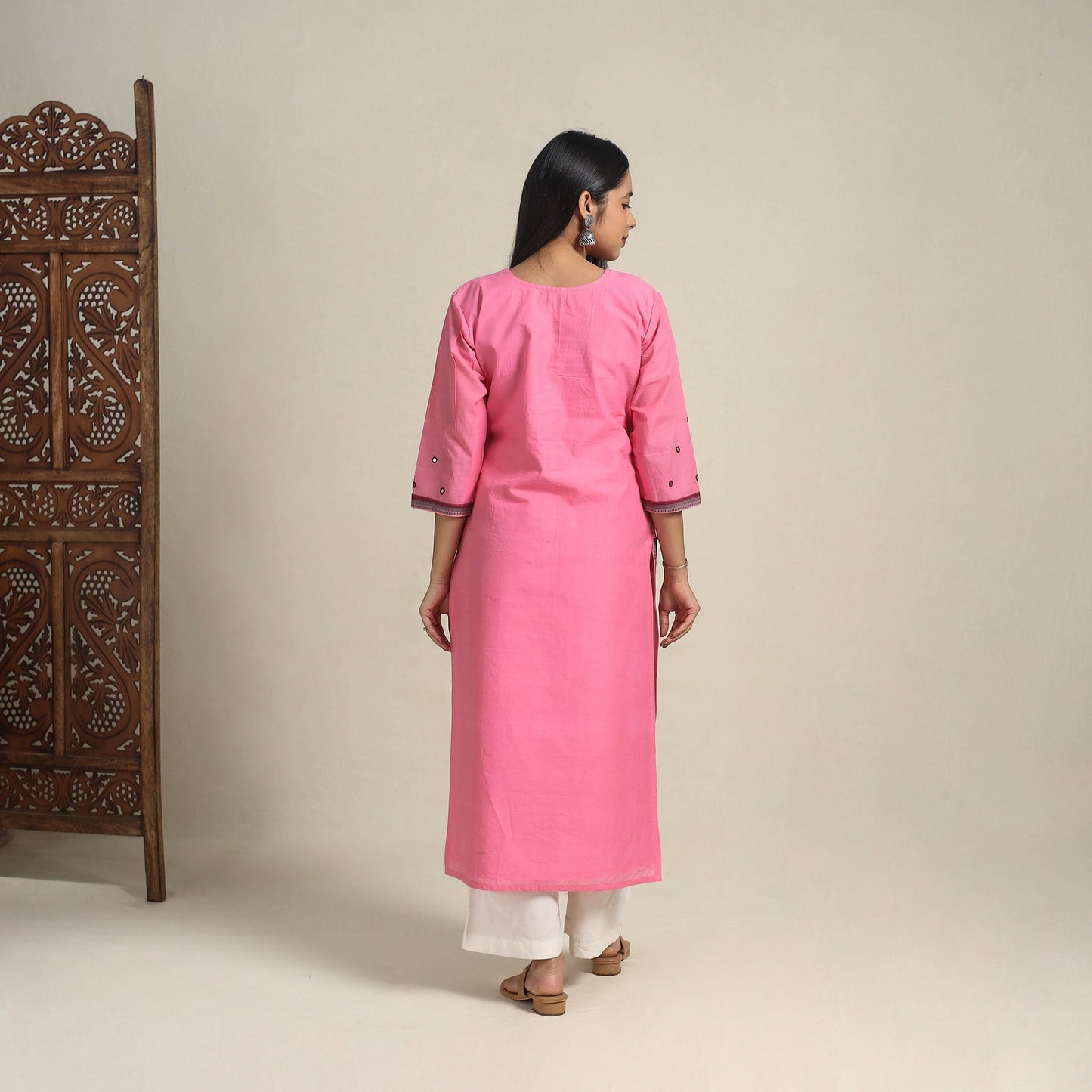 Handloom Cotton Mirror Work Pink Straight Mangalagiri Kurta for Women