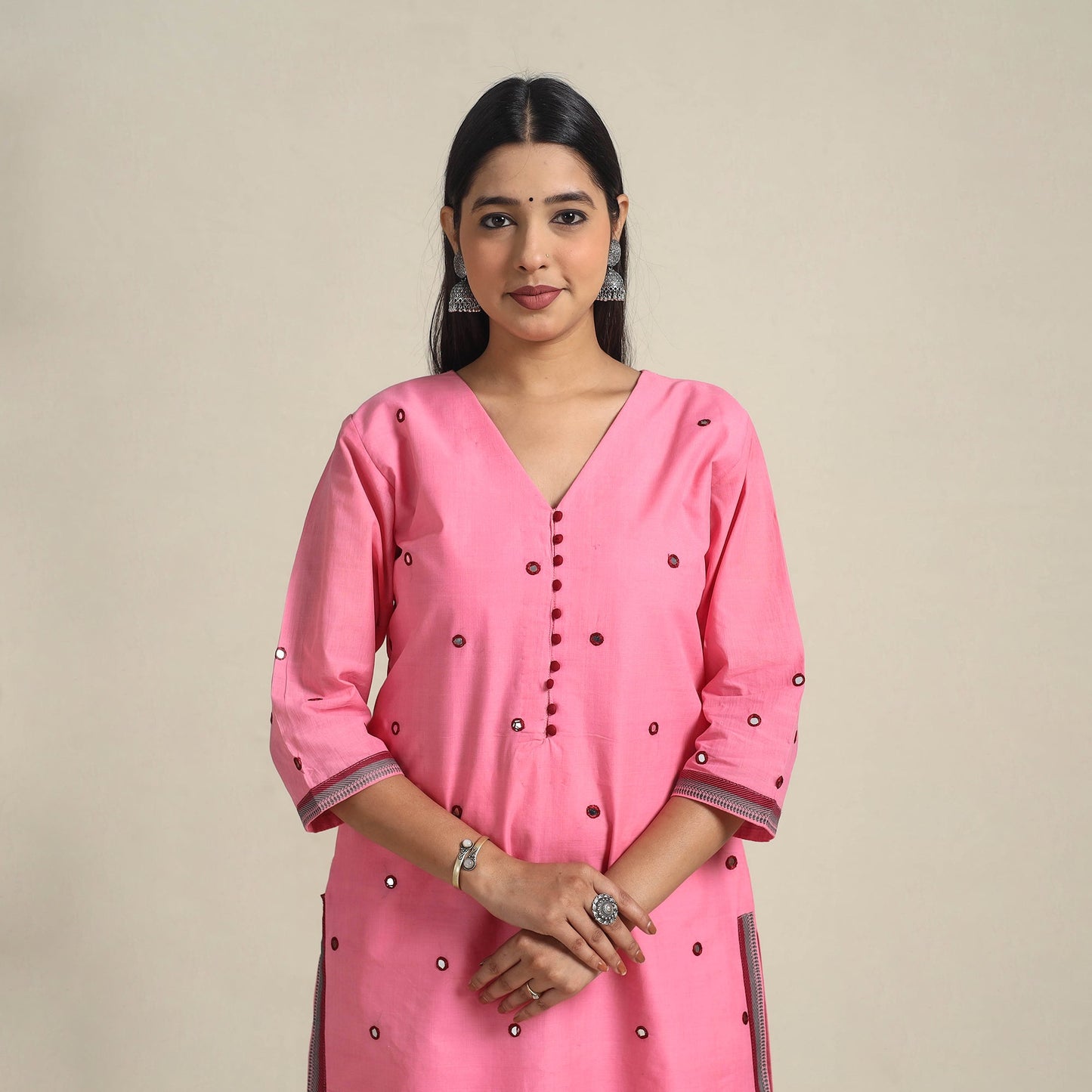 Handloom Cotton Mirror Work Pink Straight Mangalagiri Kurta for Women