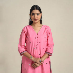 Handloom Cotton Mirror Work Pink Straight Mangalagiri Kurta for Women