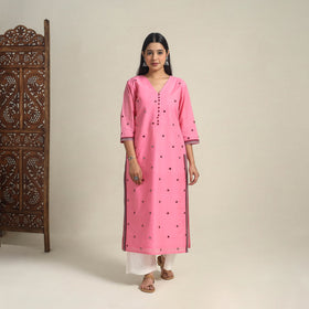 Handloom Cotton Mirror Work Pink Straight Mangalagiri Kurta for Women