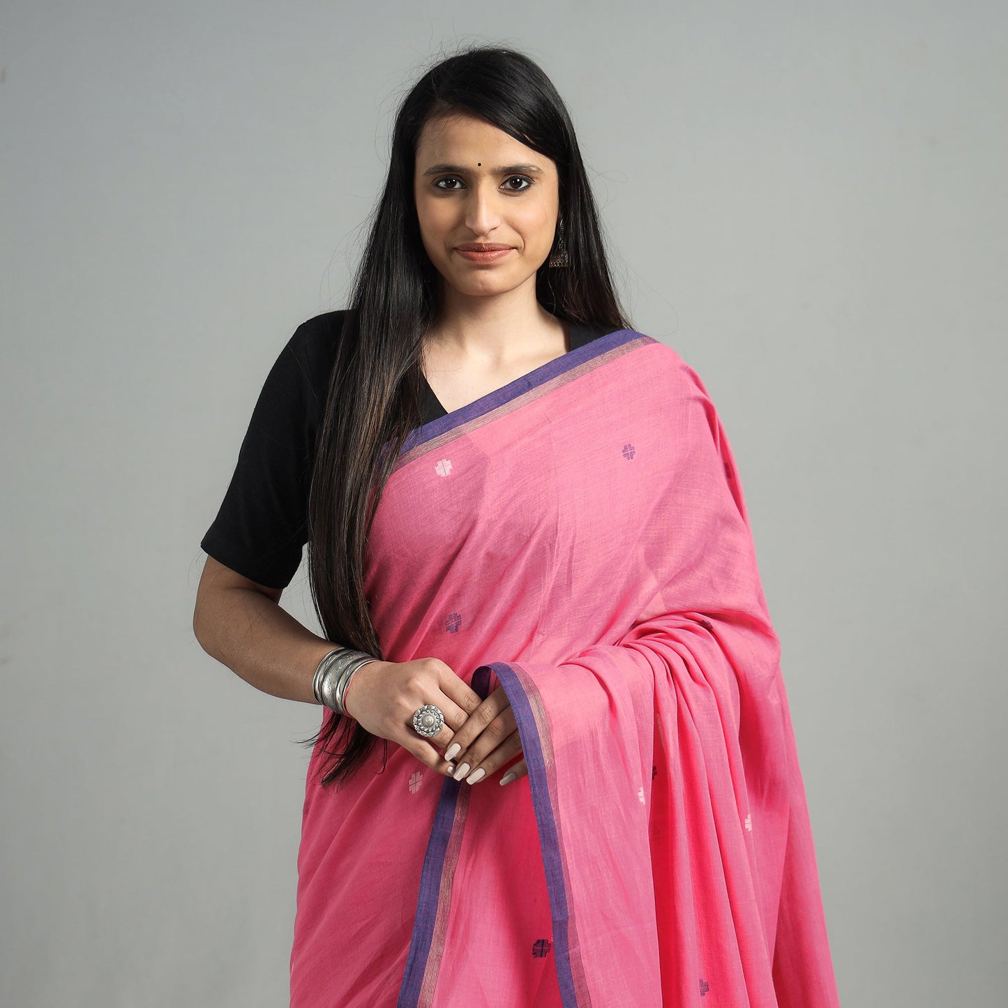  Handloom Cotton Phulia Jamdani Saree with Tassels 