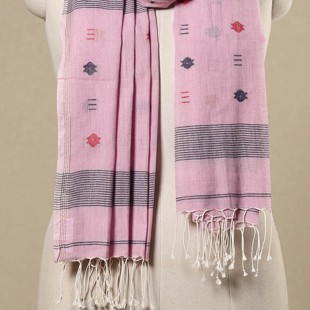 Pink - handloom cotton phulia jamdani stole with tassels 08