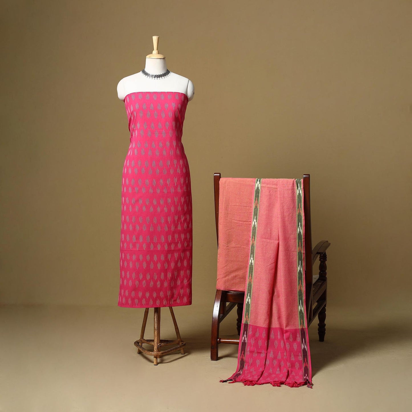 Pink - handloom cotton pochampally ikat 3pc unstitched