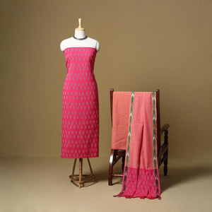 Pink - handloom cotton pochampally ikat 3pc unstitched