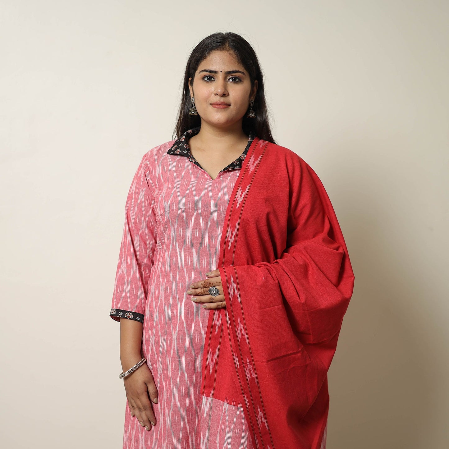  Pink Handloom Cotton Pochampally Ikat Kurta Set 