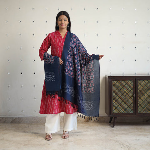 Pink Handloom Cotton Pochampally Ikat Kurta Set (Set of 3)