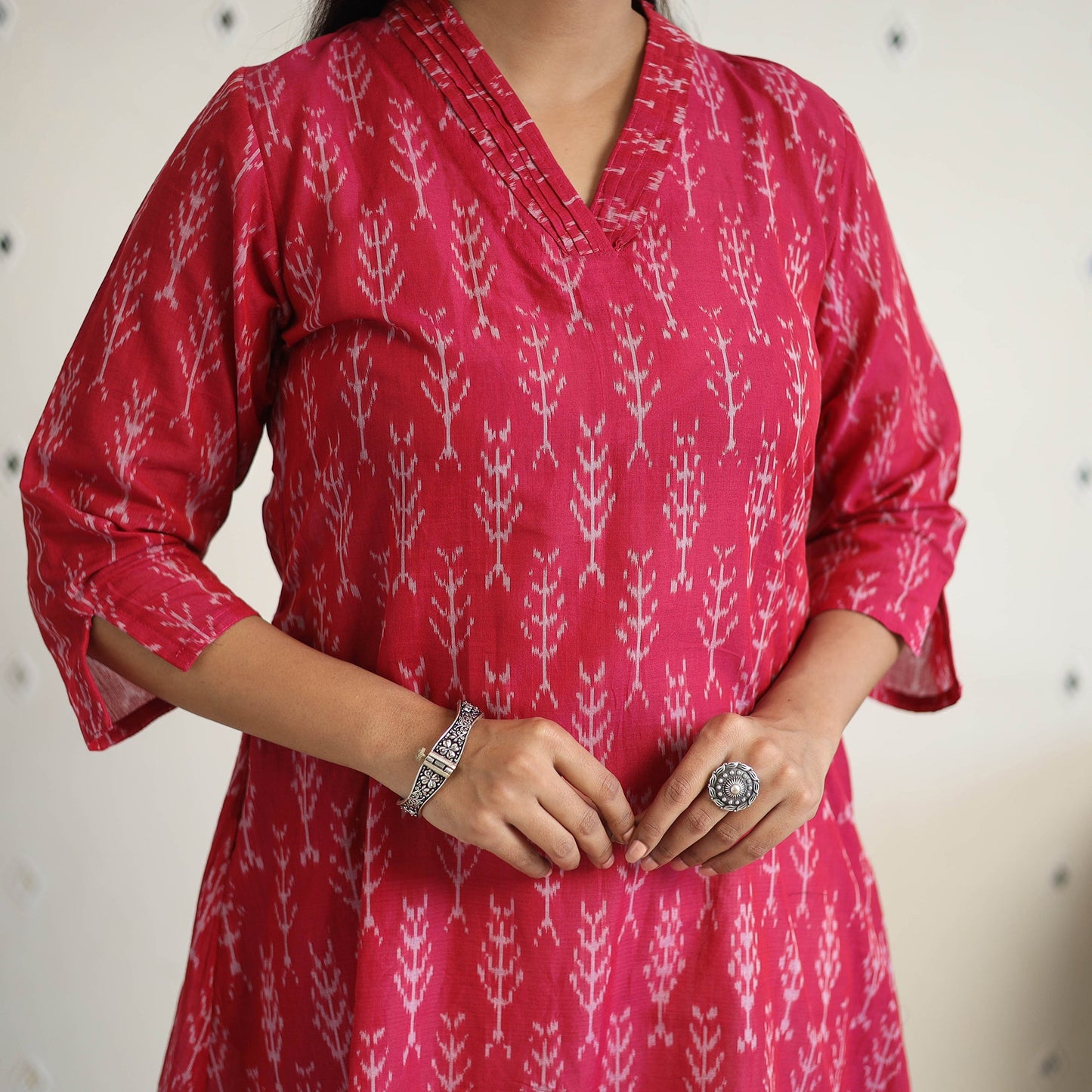 Pink Handloom Cotton Pochampally Ikat Kurta Set (Set of 3)